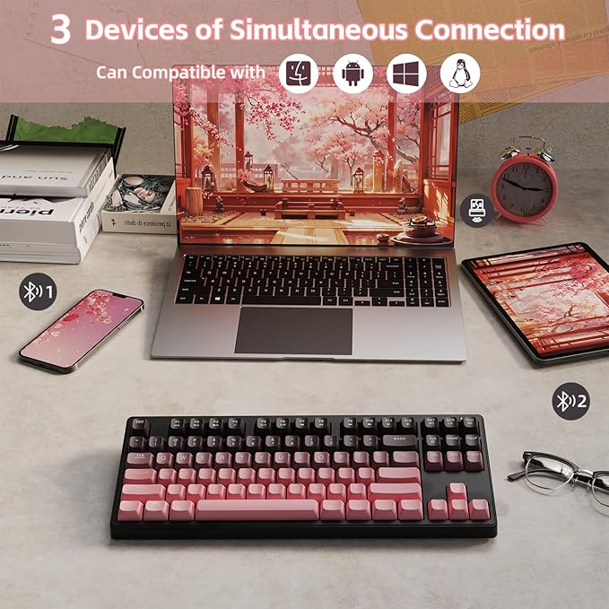 ZIYOU LANG M87 75% Wireless Gaming Keyboard Mechanical Feel Silent Rainbow Backlit Bluetooth/2.4Ghz PBT Gradient Keycaps Rechargeable 4000mAH Battery Ergonomic for MAC/Win/PC-Pink