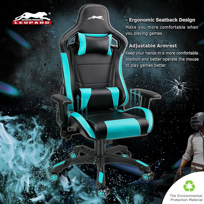 Leopard Gaming Chair High Back PU Leather Office Chair Adjustable Video Gaming Chairs Swivel Racing Chair with Adjustable Armrest (Black/Light Blue)
