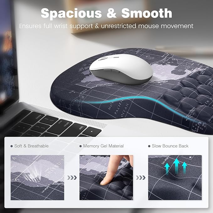 Ospelelf Ergonomic Mouse Pad and Keyboard Stand Wrist Rest Set Memory Foam Comfort Pain Relief for Typing Office Desk Accessories Map