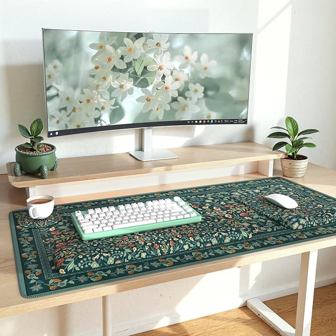 iLeadon Mouse Pad and Keyboard Wrist Rest Extra Large Mouse Pad Set Memory Foam Wrist Support for Keyboard Ultra Smooth Dark Green Desk Mat Sets for Office Women(Floral)