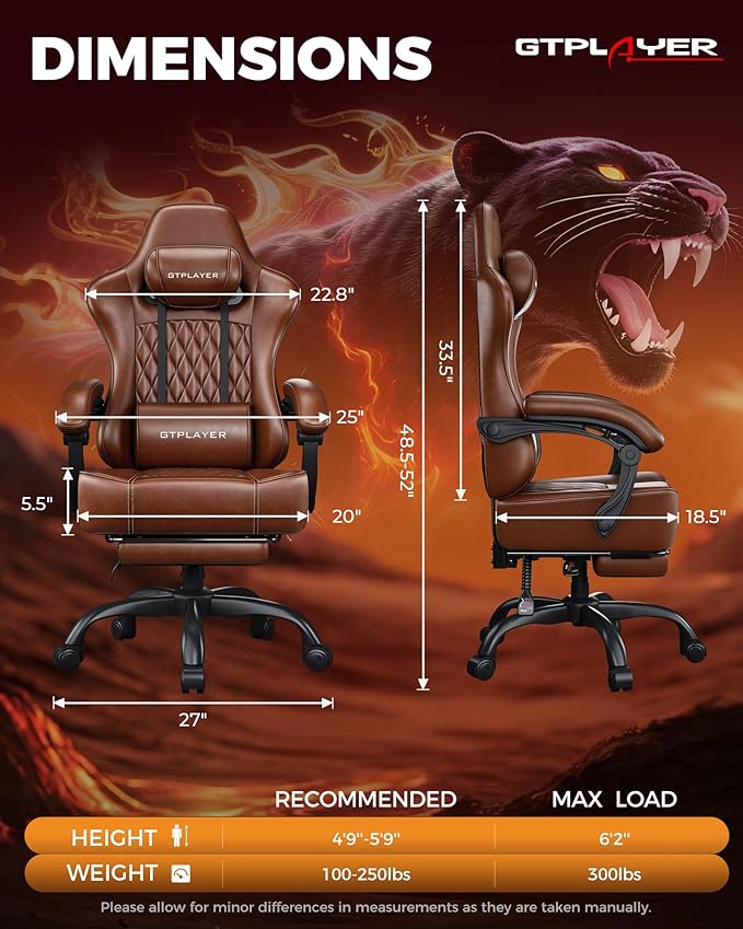 GTPLAYER Big and Tall Gaming Chair with Footrest Ergonomic Office Desk Chair with 4.4in Thick Cushion and Wide Wingless Seat Comfortable Leather Computer Chair Predator Series Chocolate Brown