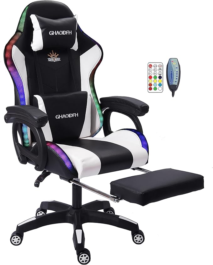 Gaming Chair with SpeakersLED Light Gaming Chair with Massage Lumbar SupportErgonomic Pro Computer Gaming ChairsAdult Gaming Chair with Footrest Lumbar Support and Adjustable Backrest.Whi