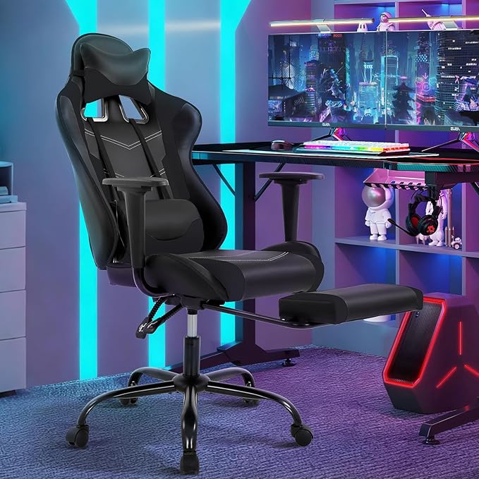 Gaming Chair for Adults - 250lbs Capacity Video Game Chair with Footrest &amp Lumbar Support Ergonomic 360° Swivel Height Adjustable Office Gamer Chair Heavy-Duty PU Leather (Black)