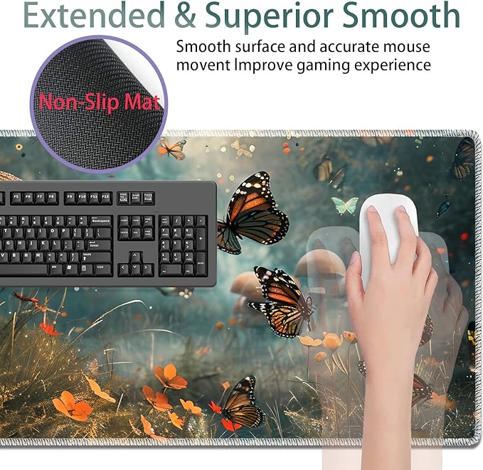 Large Gaming Mouse Pad + Keyboard Wrist Rest + Wrist Support + Coaster Set Memory Foam Ergonomic for Easy Typing XXL Extended Gaming Mouse Pad Table Pad - Mushroom Forest Butterfly