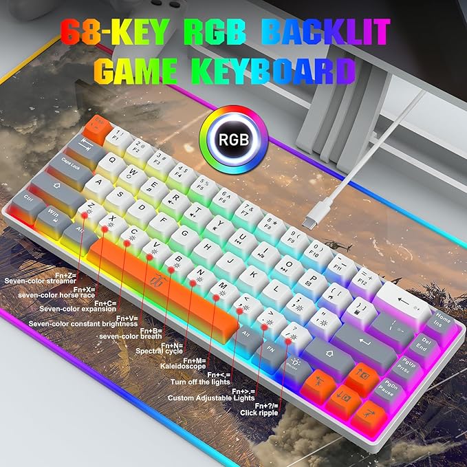 Snpurdiri 60% Percent Gaming Keyboard Ergonomic Compact RGB Backlit Small Gaming Keyboard for Windows PC Laptop (68 Keys White-Grey-Orange)