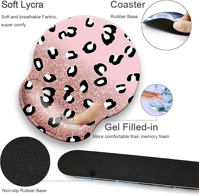 Mouse Pad + Desk Mat + Keyboard Wrist Rest + Coaster 4 in 1 Set Cute Ergonomic Large Gaming Mousepad with Wrist Rest Support Desk Pad for Computer Laptop Office Home Decor-Glittery Leopards