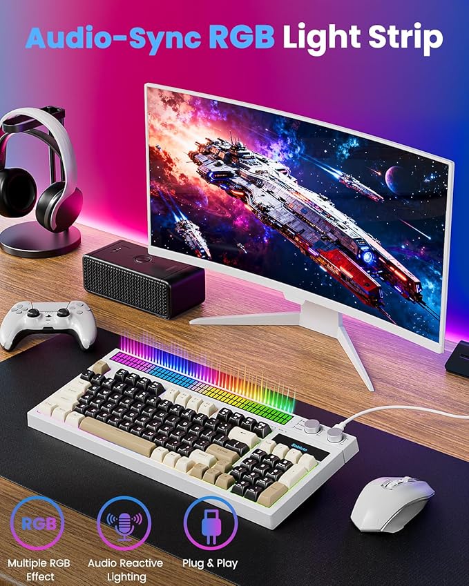 SABLUTE Keyboard Gaming - Audio-Sync RGB Light Strip 19-Key Anti-Ghosting Dual Control Knobs Adjustable Stand Ultra-Low Latency Quiet Mechanical Feel for PC Gamers