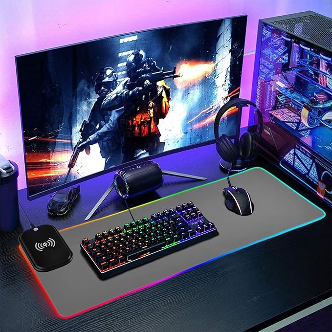 Grey Mouse Pad Gaming Mousepad Non Slip Desk Mat Wireless Charging Computer Mouse Pads RGB Keyboard Pad Mats for Home Desktop Office 35.4 x 15.7 in