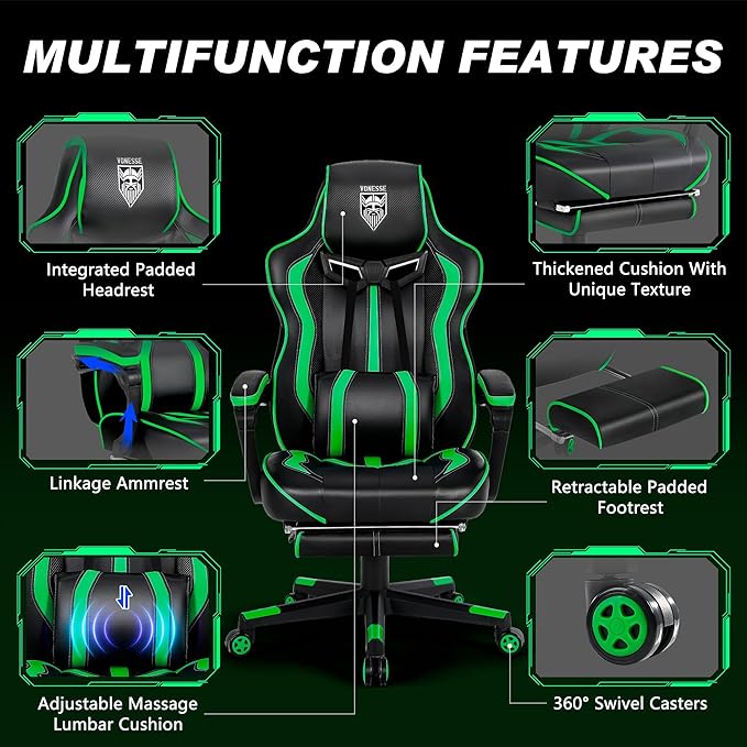 Vonesse Gaming Chair with Footrest Big and Tall Gamer Chair with Massage Reclining Computer Gaming Chair for Adults Ergonomic Game Chair for Teens High Back Video Game Chairs(Green/Black)