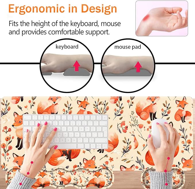 Large XXL Gaming Desk Mat 31.5x 11.8 Ergonomic Keyboard Wrist Rest &amp Mouse Pad Wrist Rest + Coaster Set Non-Slip Base Memory Foam Office and Home Little Fox