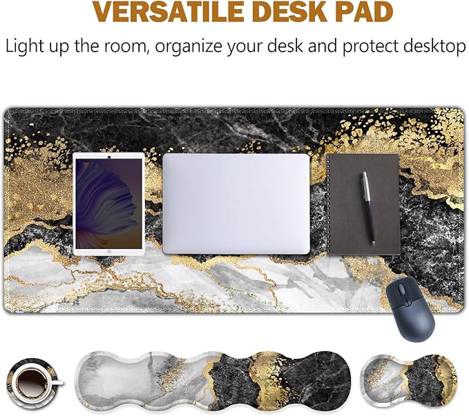 Upgraded Extended Gaming Mouse Pad Keyboard Wrist Rest Pad Wrist Support Mousepad Set Artso Large Stable Rubber Base Stitched Edges Multifunctional Desk Pad 35 x15.5 in Black Grey Marble