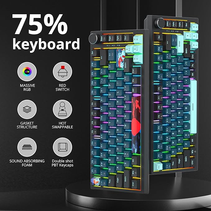 75 Percent Keyboard Gasket-Mounted with Sound Absorbing Pads 82-Key Compact Wired RGB Mechanical Gaming Keyboard Hot-Swap Socket for Win Monster