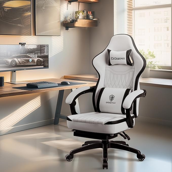 Dowinx Gaming Chair Breathable PU Leather Gamer Chair with Footrest Massage Lumbar Support Big and Tall Ergonomic Reclining Computer Chair with Pocket Spring Cushion for Adults Teens (Black&ampWhite