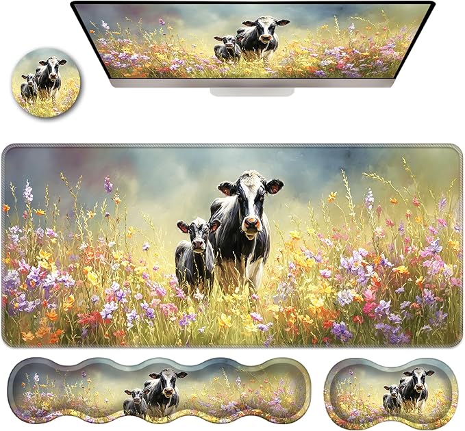 Ergonomic Keyboard Wrist Rest &amp Mouse Pad Wrist Rest SetXL Gaming Desk Mat 31.5x 11.8Non-Slip BaseMemory FoamEasy Typing Pain Relief for Office &amp HomeCows in Colorful Flower Field