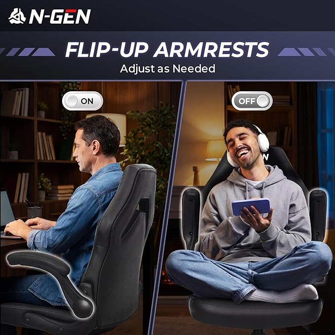 N-GEN Video Gaming Computer Chair Ergonomic Desk Office Chair for Adults with Lumbar Support Flip-Up Arms Adjustable Height Swivel Wheels PU Leather Executive Design for Home and Office (Jet Black)