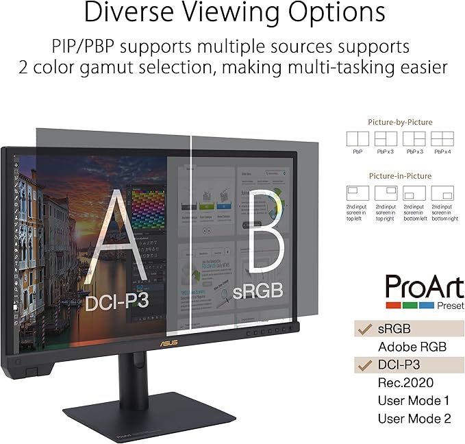 ASUS ProArt Display 24” 4K 12G-SDI HLG Professional Monitor (PA24US) - IPS UHD (3840 x 2160) 99% Adobe RGB 95% DCI-P3 ΔE &lt 1 USB-C Built-in Motorized Colorimeter Calman Ready 3 Year Warrant