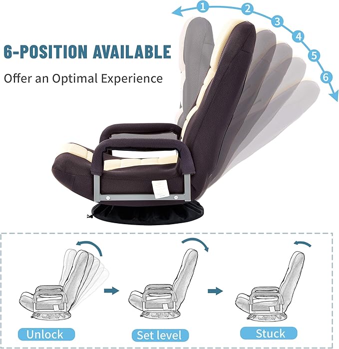 Foldable Floor Gaming Chair Video Gaming Rocker Chair for Adults 360° Swivel Comfort Armrest 7-Position Adjustable Back for Reading 330 lbs Support Steel Frame Comfortable Fabrics (Brown+Beige)