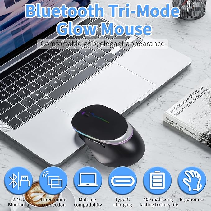 Type-C RGB Wireless Bluetooth Mouse - Ergonomic Rechargeable Silent Clicks for Laptops and PCs - Ideal for Office and Gaming Use (Black)