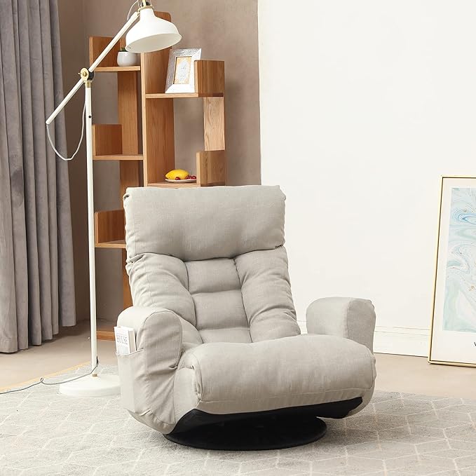 Yoglad Japanese Style Chaise Lounge Sofa 360-Degree Swivel Chair Floor Gaming Chair Lazy Sofa for Reading Game Meditating 3 Adjustable Positions with Comfortable Backrest (Gray)