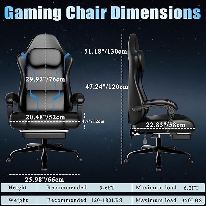 Ergonomic Gaming Chair with Footrest PU Leather Video Game Chairs for Adults 360°Swivel Adjustable Office Chair Gamer Chair Comfortable Computer Chair for Heavy People (Blue)