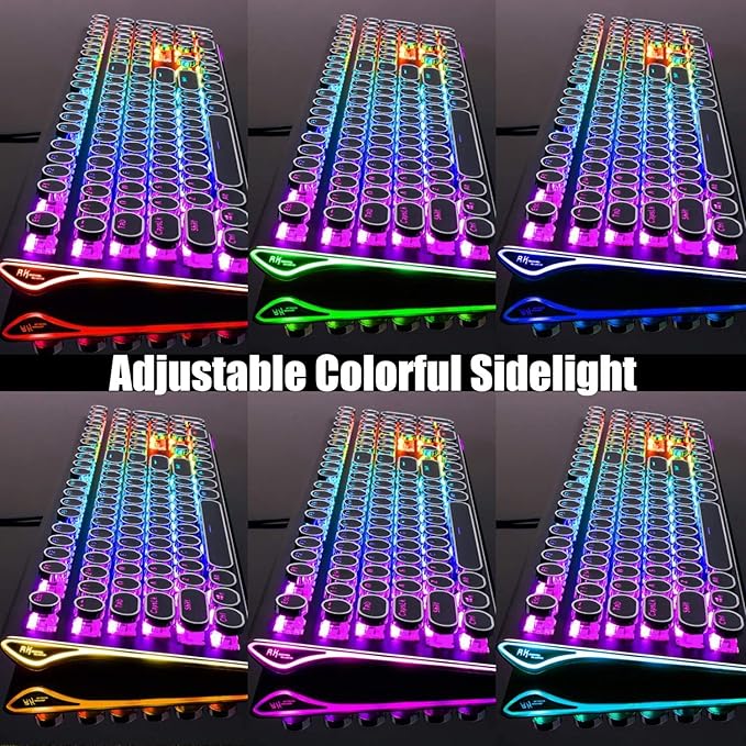 RK ROYAL KLUDGE S108 Typewriter Style Mechanical Gaming Keyboard with RGB Backlit Wired PC Game Keyboard Full Size with Detachable Wrist Rest and Number Pad Retro Round Keycaps Red Switches Black