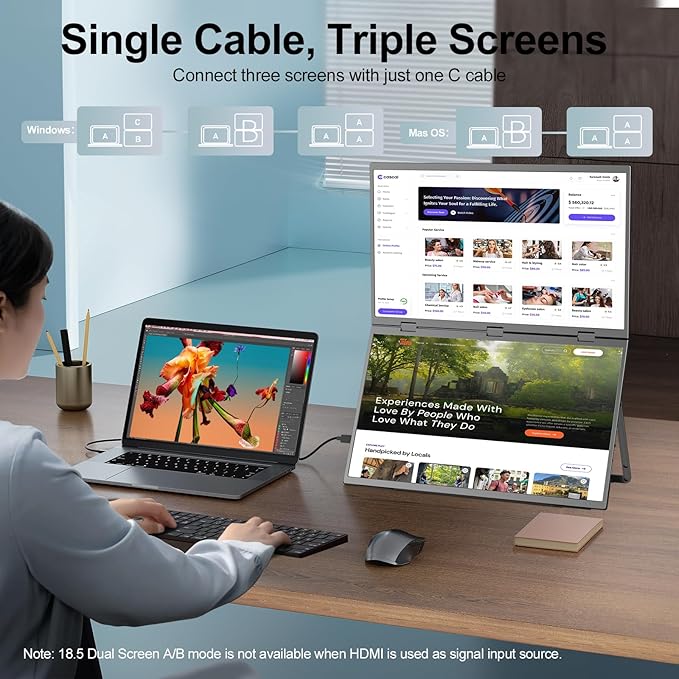 Dual Portable Monitor 18.5 1080P FHD IPS Folding Stacked Triple Laptop Screen Extender USB-C Plug &amp Play Travel Extended Computer Display for Laptop PC Windows Mac w/Stand &amp VESA Mountable