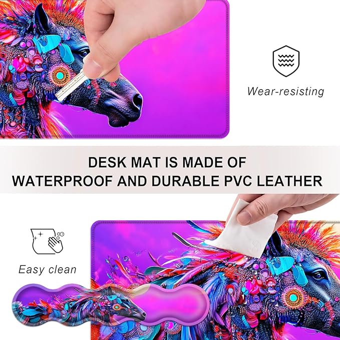 Mouse PadLarge Desk Mat Set 4in1 XL Mousepad + Keyboard Wrist Rest+Mouse Wrist Rest+Coaster with Ergonomic Desk Pad for Home Office Table Computer Cover -Colorful Horse