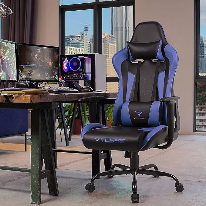 PUKAMI Gaming Chair High Back Gaming Chair for Teens Ergonomic Racing Chair Computer Desk Chair with Massage Lumbar Support and Headrest Girl Gamer Chair with Height Adjustable (Blue)