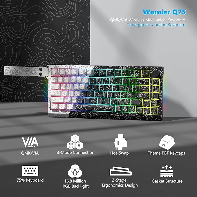Womier 75% Wireless Mechanical Gaming Keyboard with Topographic StrapQMK/VIA Creamy Keyboard RGB Custom Hot Swappable Key Board PBT Keycaps for Windows &amp Mac - POM Linear Switch(Q75)