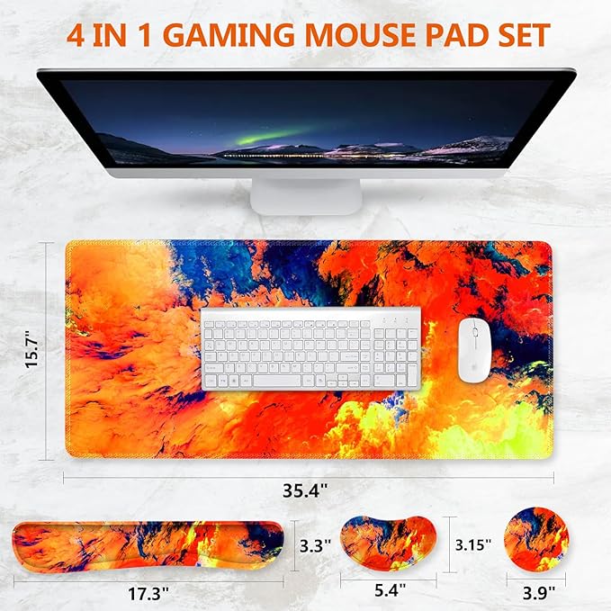 DINKY Keyboard Mouse Pad Set Large Gaming Mousepad + Memory Foam Ergonomic Keyboard Wrist Rest Support Easy Typing Pain Relief 4Pcs (35.4 x 15.7) Extended Desk Mat-Art Painting