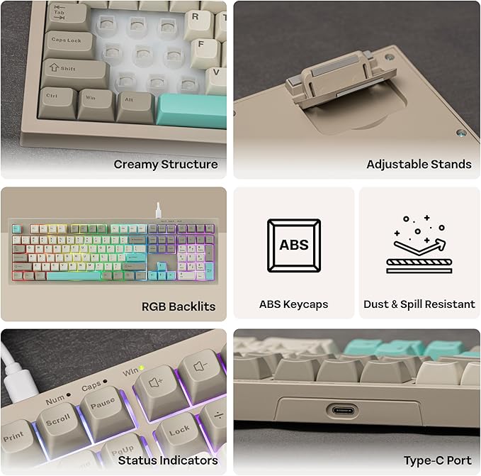 MechLands Aula S102 Membrane Gaming Keyboard with Number Pad 100% Full Size Layout USB-C Wired RGB Backlit Creamy Silicone Structure Silent Keyboard for PC Game/Office (Grey)