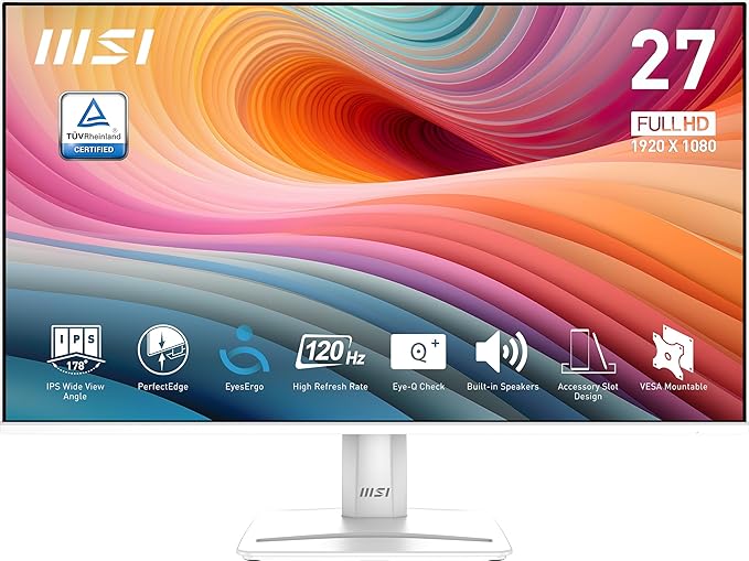 msi PRO MP275W E2 27-inch IPS 1920 x 1080 (FHD) Gaming Office Monitor 120Hz Free-Sync HDMI DisplayPort VGA Port VESA Mountable Tilt Speaker 4-Side Slim Bezel 1ms White