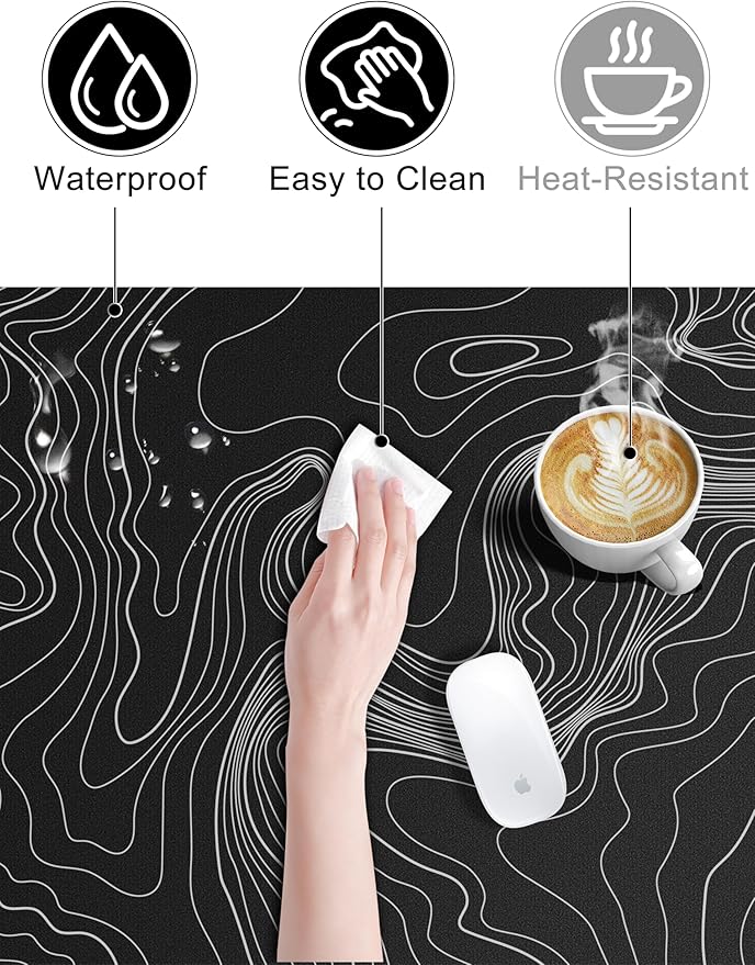 TopMade Mouse Pad with 15W Fast Wireless Charging 31.5x15.75 XXL Large Gaming Waterproof Desk Pad Computer Desk Mat Black Topographic Map #2 (Includes 20W PD Power Adapter &amp 6.56ft Woven Cabl