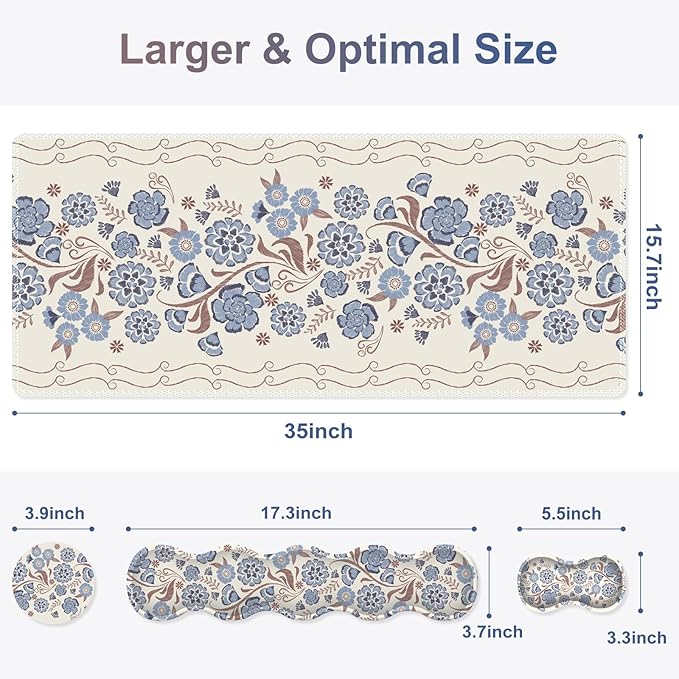 Desk Mat Gaming Mouse Pad Cute Desk Matt Keyboard Wrist Rest for Desktop Anti-Slip Big Mousepad Stitched Edges XXL Large Mouse Pad with Wrist Support for Home Office I Vintage Blue Flower