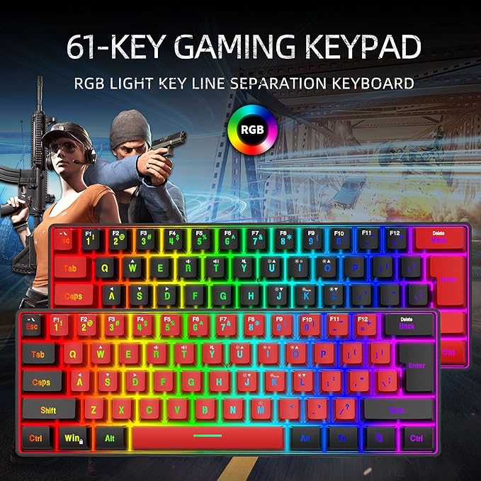 Snpurdiri 60% Wired Gaming KeyboardTrue RGB Small Compact 61 Keys Mini Keyboard for PC/Mac Gamer Typist Travel Easy to Carry on Business Trip(Black-Red)