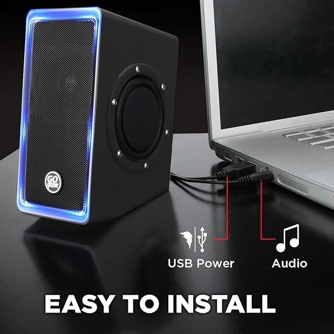 GOgroove Gaming Computer Speakers with Blue LED Light - SonaVERSE O2i Speakers for Desktop Laptop PC - USB Speaker 2.0 with AUX Input in-Line Volume Control Bass Stereo Sound 14W (Black)