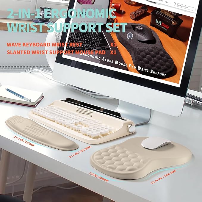 2-in-1 Ergonomic Set Wave Rise Keyboard Wrist Rest and Massage Bulge Slope Mouse Pad Wrist Support Cushion Memory Foam Integrated to Relieve Wrist Pain Apricot