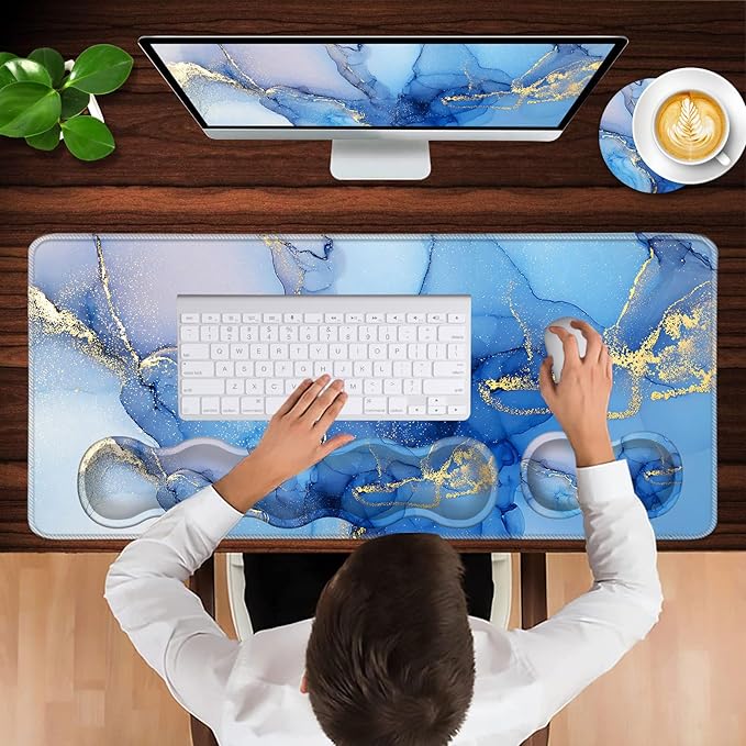 Keyboard Wrist Rest and Mouse Pad with Wrist Support Set Ergonomic CoasterMemory FoamEasy Typing Pain ReliefLarge XL Desk Mat 31.5x 11.8Marble Texture
