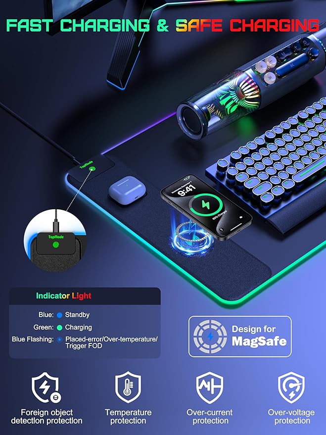 TopMade RGB Gaming Mouse Pad with 15W Wireless Charging 31.5” x 15.8” XXL Large Desk Mat Home Office Keyboard Pad for Desk Waterproof Mousepad with 4 Light Modes &amp 11 RGB Colors Classic Black
