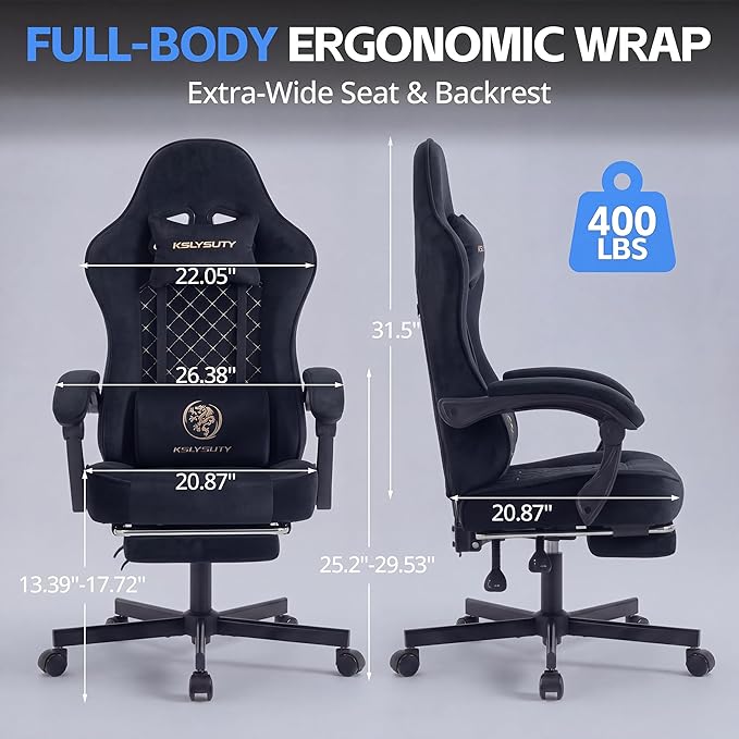 Desk Computer Gaming Chair - High Back Ergonomic Office Chair with Footrest and Lumbar Support Swivel Comfy Home Gamer Video Game Chairs with Pocket Spring Cushion for Adults (Black Fabric)