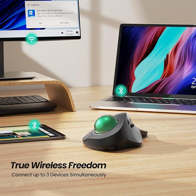Nulea Wireless Ergonomic Trackball Mouse Rechargeable Bluetooth Rollerball Mouse 44mm Index Finger Trackball 5 Adjustable DPI Compatible with PC Laptop iPad Mac Windows Android