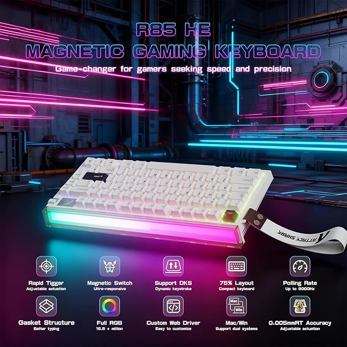 ATTACK SHARK R85 HE Wired 75% Rapid Trigger Mechanical Gaming Keyboard with Custom Lightbox 8KHz Polling Rate0.005mm RT Accuracy0.08MS LatencyHall EffectMagnetic SwitchDriver for PC-Star White