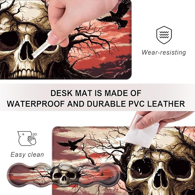 Mouse PadLarge Desk Mat Set 4in1 XL Mousepad + Keyboard Wrist Rest+Mouse Wrist Rest+Coaster with Ergonomic Desk Pad for Home Office Table Computer Cover -Skull Tree with Crows