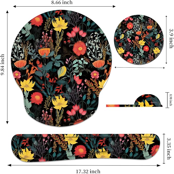 Keyboard Wrist Rest and Mouse Pad Wrist Support Set with CoasterErgonomic Mouse PadComfortable for Easy Typing Pain ReliefMemory Foam Keyboard Pad Set for Laptop MacBeautiful Floral