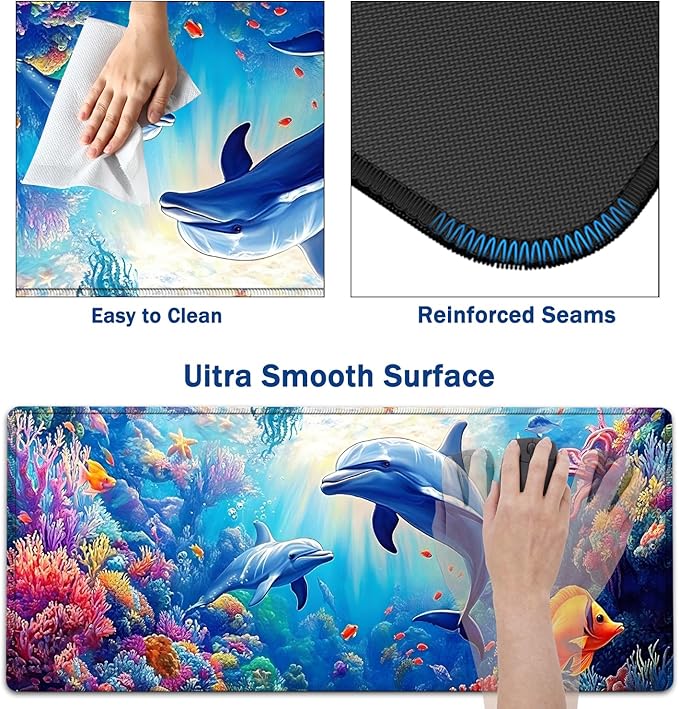 Large Mouse Pad + Keyboard Wrist Rest Set Extended Gaming Mousepad (31.5X11.8 inch) with Non-Slip Rubber Ergonomics Memory Foam Mouse Wrist Rest Support Underwater World Dolphin XXL Desk Pad