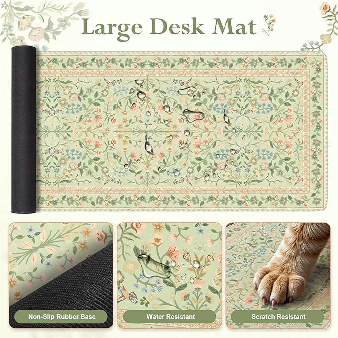 iLeadon Mouse Pad with Wrist Rest Non-Slip Desk Mat for Keyboard and Mouse Mouse Pad Sets for Women Desk Wrist Pads for Keyboard Floral Mat for Home Office (Light Green)