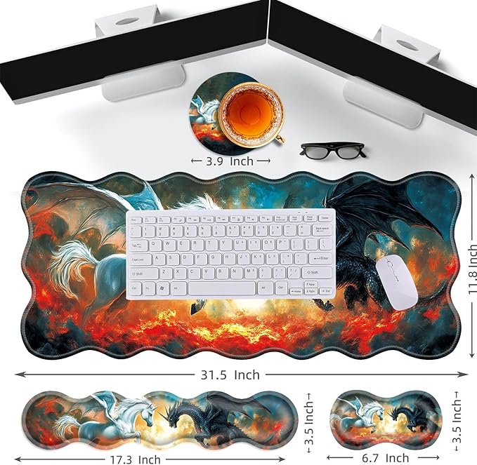 Large Gaming Mouse Pad Keyboard Wrist Rest Pad &amp Wrist Support Mousepad Set Stitched Edge Extended Non-Slip Base Memory Foam Desk Mat for Office HomeHorse and Dragon