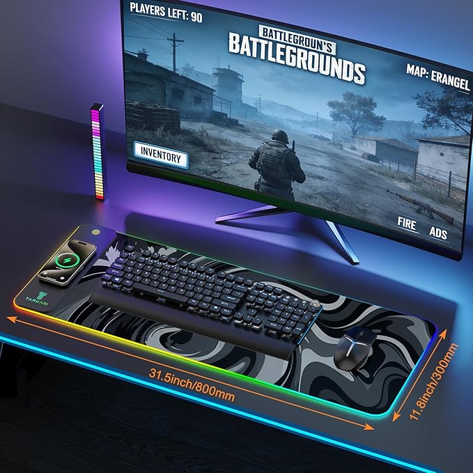 TARKARI Magnetic Wireless Charging RGB Mouse Pad Large Gaming Desk Mat Waterproof 31.5x11.8 Black Mousepad Ultra-Smooth Surface Non-Slip Rubber Base Desk Pad for Keyboard Laptop