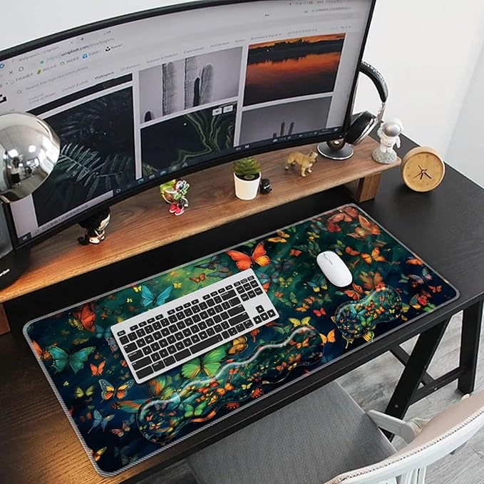 Keyboard Mouse Pad SetLarge Mouse Pad+Keyboard Wrist Rest+Wrist Support+Coaster31.5x11.8in Extended Desk Mat for Computer Laptop Office Home - Cute Butterfly