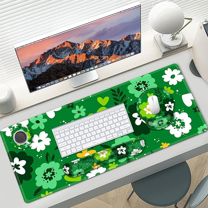AIMSA Keyboard Mouse Pad Wrist Rest Set Large Gaming Mouse Desk Pad with Wrist Support Ergonomic Design 4 in 1 Mousepad for Home Office Green Flowers